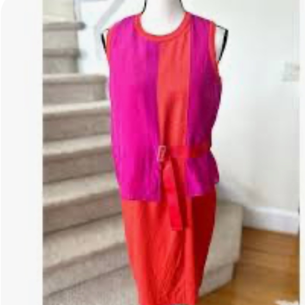 $548Per Se Colorblock Pink and Orange Midi Dress